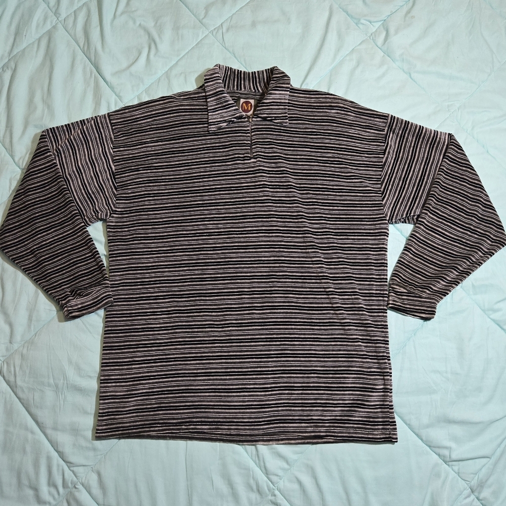 Vintage 90s Metro One Striped Cotton Velour Long-Sleeve Grunge Grandpacore